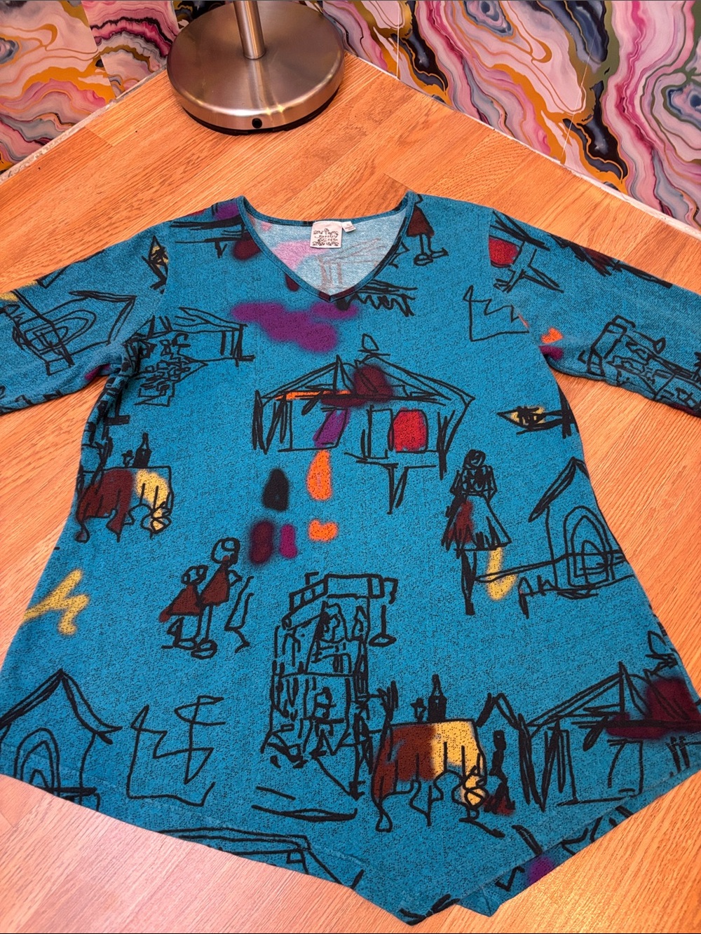 Parsley & Sage Turquoise Abstract Print Knit Top with Multicolor Accents Size XL